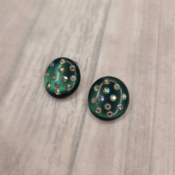 Moonglow Lucite Emerald Green Earrings with AB Crystals. Vintage Pinup Retro - Picture 5 of 9